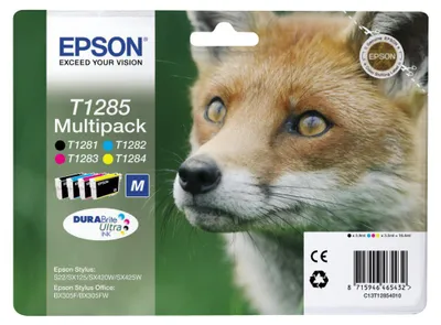 Zdjęcie produktu dla Epson Fox Multipack 4-kolorowy T1285 DURABrite Ultra Ink, Czarny, Cyjan, Purpurowy, Żółty, 5,9 ml, 1 szt., Multipak