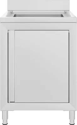A front view of a white stainless steel sink cabinet on a white background.