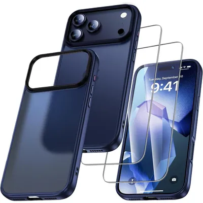 Obrázek produktu pro Obal a ochranné fólie pro iPhone 17 Pro, matná modrá barva, 1 obal a 2 fólie