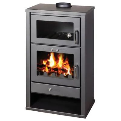 A black wood-burning stove with a glass door showing a fire, and a glass-doored compartment above it.