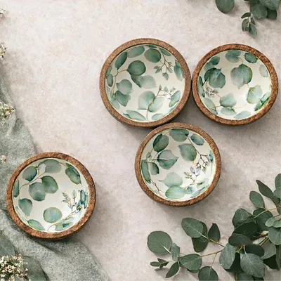 Productafbeelding van Serveerschaaltjes met eucalyptusmotief, set van 4 snackschalen, diameter 20 cm