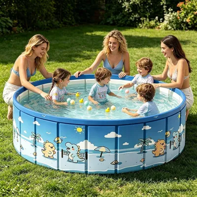 Produktbild von Zusammenklappbarer Schwimmpool im Außenbereich,Outdoor Wasserspielcenter mit Ablaufschlauch | Rutschfester Hundepool - für Zuhause, Garten, Terrasse, Urlaub, Park, See, Sommer