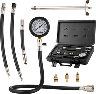 A set of tools for testing engine compression, including a pressure gauge, hoses, adapters, and a carrying case, laid out on a white background.
