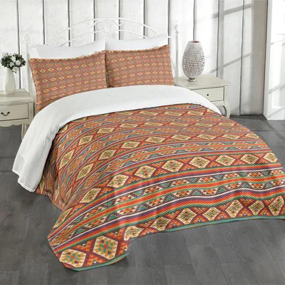 Produktbild von ABAKUHAUS Bunt Tagesdecke Set, Mosaik inspiriert horizontale Linien mit ethnischen Grafikfiguren Aztec Design, 220 x 220 cm, Mehrfarbig