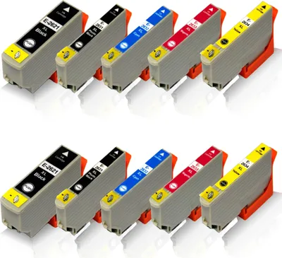 A top-down view of two rows of ink cartridges, each row containing five cartridges of different colors.