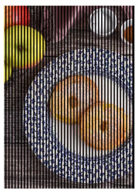 Produktbild von Akustikpaneele mit Digitaldruck Apfelradl01 19 x 1693 x 2400 mm Apfel Donat Teller MDF PET-Fasern Wandpaneele Braun Weiß Blau Rot 3 Einzelplatten