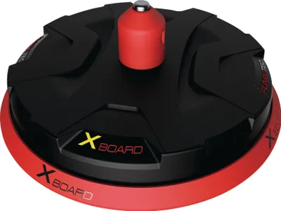 A product shot of a black and red cable reel with yellow text.