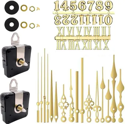 A collection of clock movement parts, including two clock movements, various clock hands, and numbers (Arabic and Roman numerals).