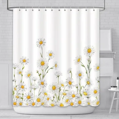 Produktbild von Ibenzoa® Stoff-Duschvorhang mit weißen Gänseblümchen im rustikalen Landhausstil, Polyester 180 x 180 cm, inkl. 12 Kunststoffhaken, wasserabweisend
