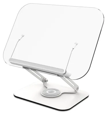 Zdjęcie produktu dla Obrotowy stojak na książki do biurka, obracający się o 360°, z przezroczystą płytą akrylową, zaciskami bocznymi, składany i z regulacją kąta nachylenia, przeznaczony do książek kucharskich, podręczników, przepisów, czasopism, dokumentów, książek z opowiadaniami oraz książek kucharskich