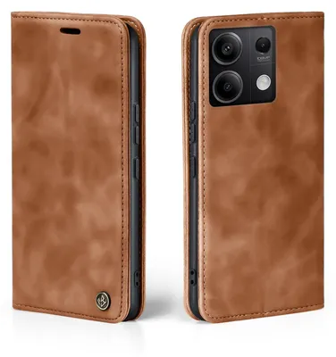 A brown leather flip case for a smartphone is shown from two angles, open and closed.