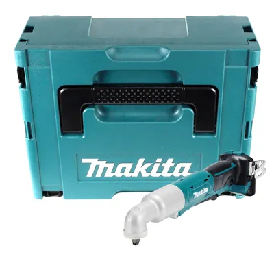 A teal Makita storage case and a teal and silver Makita cordless angle impact wrench are displayed on a white background.