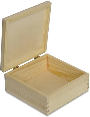 An open wooden box with its lid hinged open, shown against a white background.