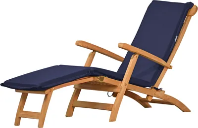 A wooden deck chair with a blue cushion, shown against a white background.