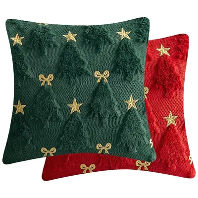 Produktbild von 2er Set Plüsch Weihnachtskissenbezüge 45x45 cm, Rot Grün Weihnachtsbaum Kissenbezüge für Sofa
