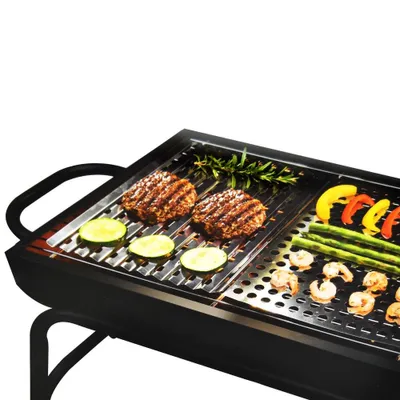 A close-up shot of a grill with food being cooked on it.