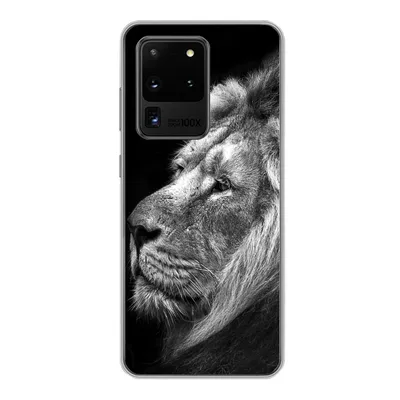 Produktbild von MuchoWow® Handyhülle Schutzhülle Hülle für Samsung Galaxy S20 Ultra Löwe vor schwarzem Hintergrund in schwarz und weiß Silikon Softcase Handy Hülle - Karteninhaber