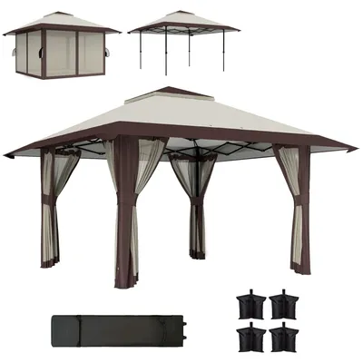 Produktbild von Pop-Up-Pavillon 4 x 4 m UPF50+ Netz-Seitenwände Doppeldach höhenverstellbar 261-281 cm Sandsäcke Tragetasche Beige
