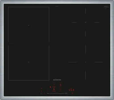 Produktbild von Siemens Induktionskochfeld ED64RHSB1, 60 cm breit, 55 mm hoch, 513 mm tief, Rahmen aufliegend, Glaskeramik, Edelstahl, Schwarz, Kombi-Induktion, touchSlider, 4 Kochzonen, Home Connect (WLAN), cookConnect System, Intelligente Dunstabzugsautomatik, powerBoost-Funktion, Automatische Kochzonenerkennung