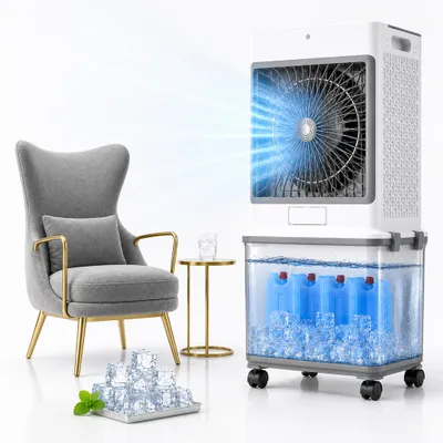 Image de Climatiseur mobile 32 L sans tuyau d'évacuation, 70 W, avec 4 bacs à glace, autonomie de 30 h, ventilateur silencieux 30 dB, refroidissement par eau, pour appartements et pièces, 85 cm