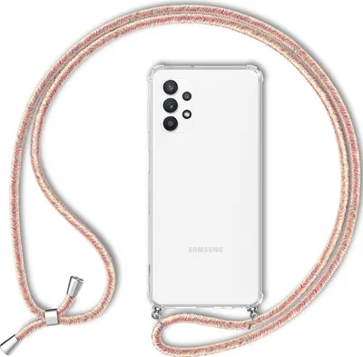 A transparent phone case with a decorative cord is shown against a white background.