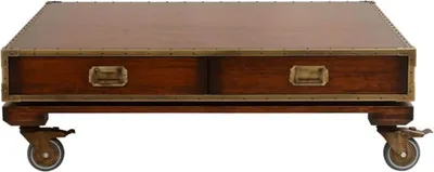 Produktbild von Casa Padrino Luxus Vintage Stil Couchtisch Braun / Messing 109 x 109 x H. 35 cm - Quadratischer Massivholz Wohnzimmertisch mit Rollen und Schubladen - Vintage Stil Wohnzimmer Möbel - Luxus Möbel
