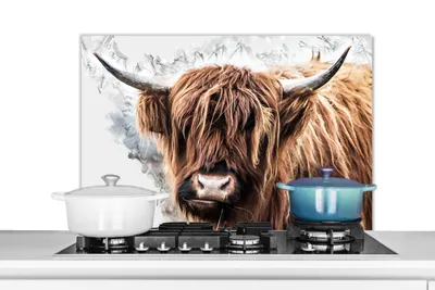 Produktbild von KitchenYeah®  Spritzschutz Küche - Küchenrückwand - Wandschutz für Herd und Spüle - Schottisches Hochlandrind - Tiere - Rauch 90x60 - Alu-Dibond (Alternative zum Spritzschutz aus Glas) - Hitzebeständi