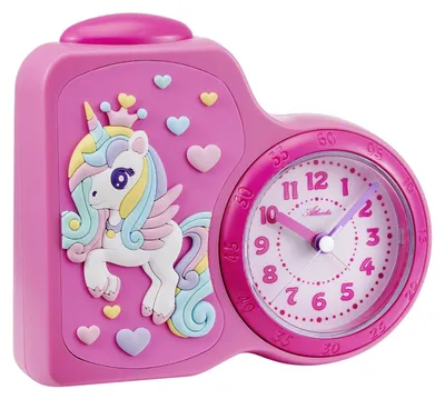 A pink alarm clock with a unicorn design.
