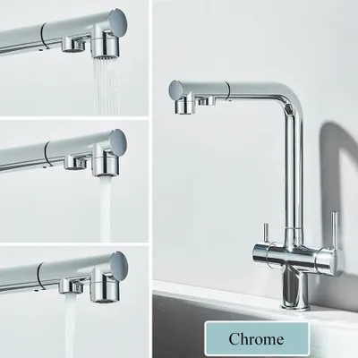 Immagine prodotto di Miscelatore da cucina con filtro per l'acqua - Doccetta estraibile - Acqua calda e fredda - Miscelatore a due manopole - Installazione su foro singolo - Cromato