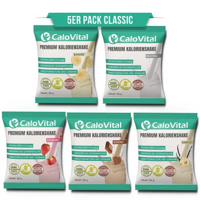 Produktbild von CaloVital Trinkmahlzeit als Aufbaunahrung bei Untergewicht / Kalorien Shake zum Zunehmen | Zunehmen Shake 50g Pulver (5er Pack Classic)
