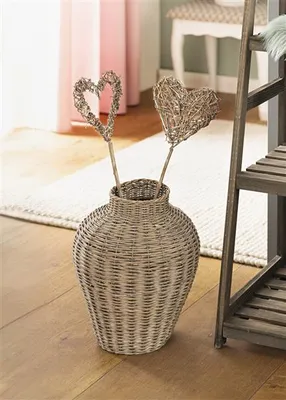 Image de Vase en osier "Landhaus" en osier, gris, vase pour fleurs séchées, vase pour fleurs style maison de campagne