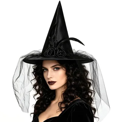 Hexenhut mit Spitze und Schleier, schwarz, für Halloween