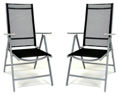 Produktbild von 2er Set Klappstuhl schwarz Aluminium 7-fach verstellbar Gartenstuhl mit Armlehne witterungsbeständig stabil leicht Hochlehner Rahmen Silber Terrasse Balkon
