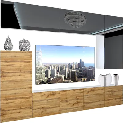 Produktbild von BELINI Wohnwand Vollausstattung Wohnzimmer-Set Moderne Schrankwand mit LED-Beleuchtung Weiß Glänzend Anbauwand TV-Schrank Schwarz / Eiche Wotan Glänzend/Matt