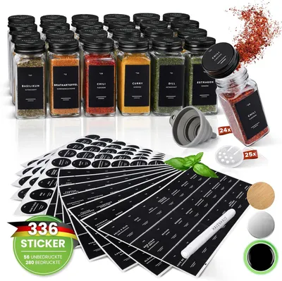 Produktbild von Gewürzgläser Set schwarz | 24 Gewürz Organizer inkl. 336 deutschen Gewürzetiketten | Gewürzgläser eckig mit Streuaufsätzen | Gewürze Aufbewahrung