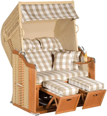 Produktbild von Rustikal Strandkorb 255 Plus 2-Sitzer, Halblieger Ostseeform, Geflecht beige, herausnehmbare Kissengarnitur, Strukturpolyester kariert, Fichtenholz lasiert, ca. 125x90x160
