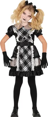 Obrázok produktu pre Halloween kostým porcelánovej bábiky Strašidelný filmový charakter pre detskú párty Čierne biele šaty Efektívny kostým bábiky Bábika Starožitný štýl Halloween Look, Veľkosť: 110/116 Farba: čierna