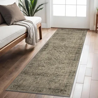 Obrázok produktu pre Koberec Läufer, rozmer 80x150 cm, vintage štýl, umývateľný, svetlohnedý/hnedobežový, krátky vlas, protišmykový