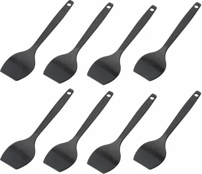 A set of eight black raclette scrapers arranged in two rows on a white background.