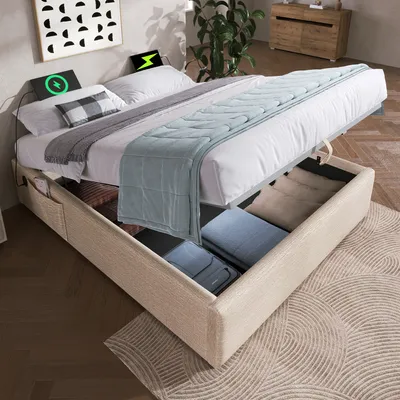 A bed with storage is shown in a bedroom setting.