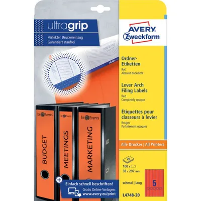 Immagine prodotto di Avery Zweckform® L4748-20 L4748-20 Etichette per cartelle - strette/lunghe, (A4 - 20 fogli) 100 pezzi, rosso
