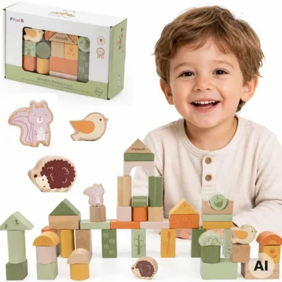 Imagen del producto de Viga Polarb Bloques de Madera Bloques Montessori Animales 50 Uds.