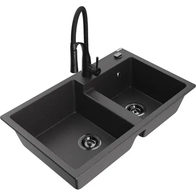 Obrázek produktu pro Mexen Tomas 2-miskový granitový dřez s kuchyňskou baterií Aster, Skvrnitá černá - 6516-76-73450-70-B