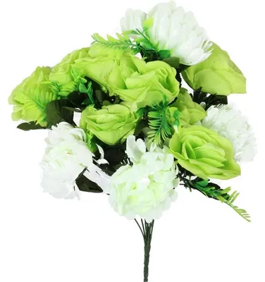 Obrázok produktu pre Kytica umelých kvetov, kombinácia ruží a chrysantém, biela a zelená, 50 cm