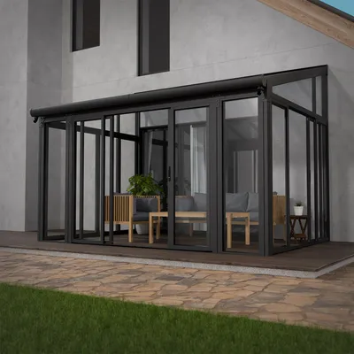 Produktbild von Juskys Wintergarten 12 m² - mit kristallklaren Wänden, Doppel-Schiebetüren & UV-Schutz – wasserdicht & winterfeste Überdachung aus Aluminium - Grau