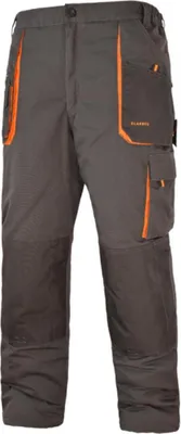 A pair of gray work pants with orange accents is shown against a white background.