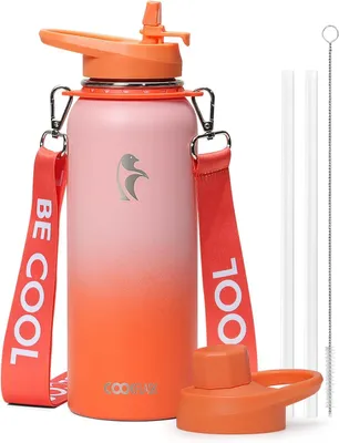 Produktbild von Trinkflasche 2 l, Edelstahl, mit Strohhalm und 20 Deckeln, für Sport
