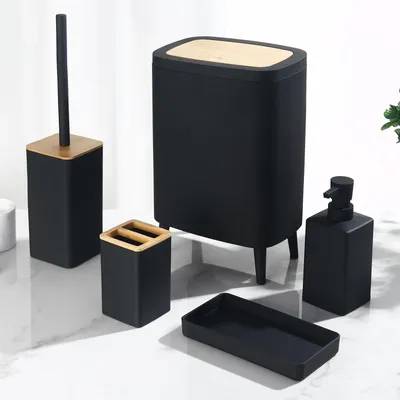 Image de Set d'accessoires de salle de bain 5 pièces - Accessoires de salle de bain noirs - Brosse de toilette en bambou - Poubelle - Distributeur de savon - Porte-brosse à dents avec couvercle - Set de salle