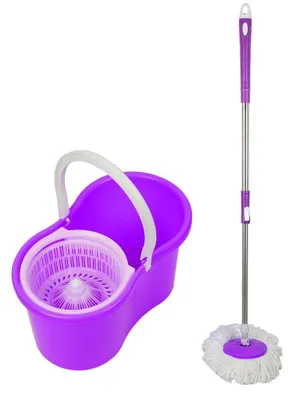 Produktbild von Wischmopp mit Eimer Set - Bodenwischer mit Eimer - Selbstwringfunktion - 2 Mikrofaserpads - Für Marmor- und Fliesenböden - Aluminiumstiel - Lila