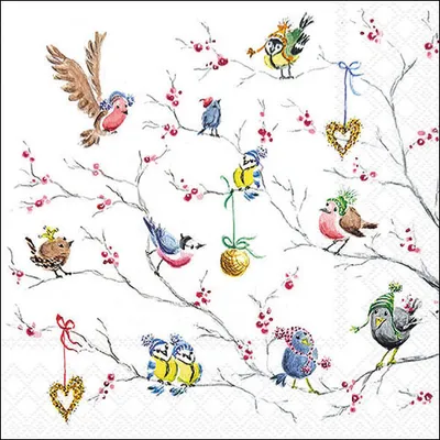 Obrázok produktu pre Vianočné obrúsky 33 x 33 cm, 3-vrstvové, 20 ks, Birds on tree,Mix, vtáky, vetvičky